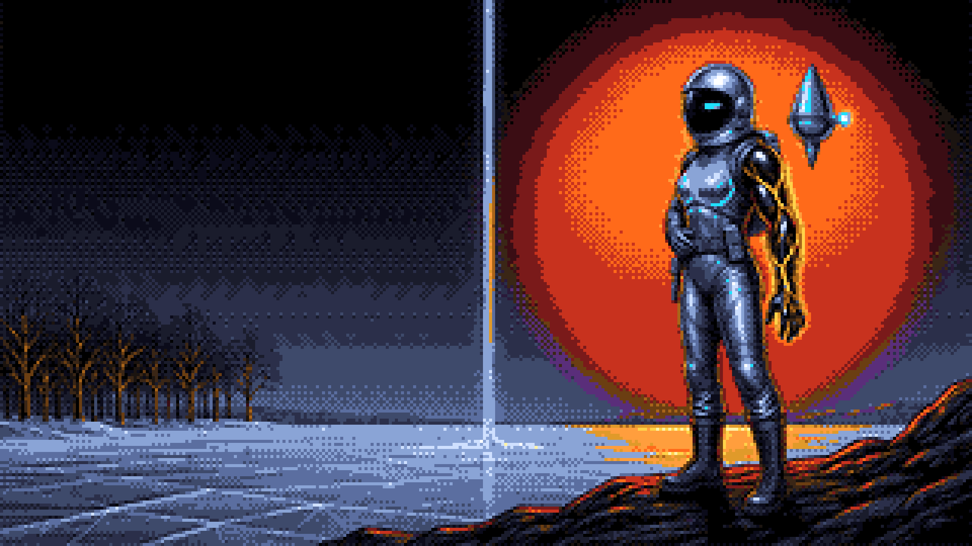 FARSTRAND key art: Hesper Lind on a ridge of black glass, her glass arm veined with gold, Bob at her shoulder, a red dwarf behind her and a thin strand rising into the dark