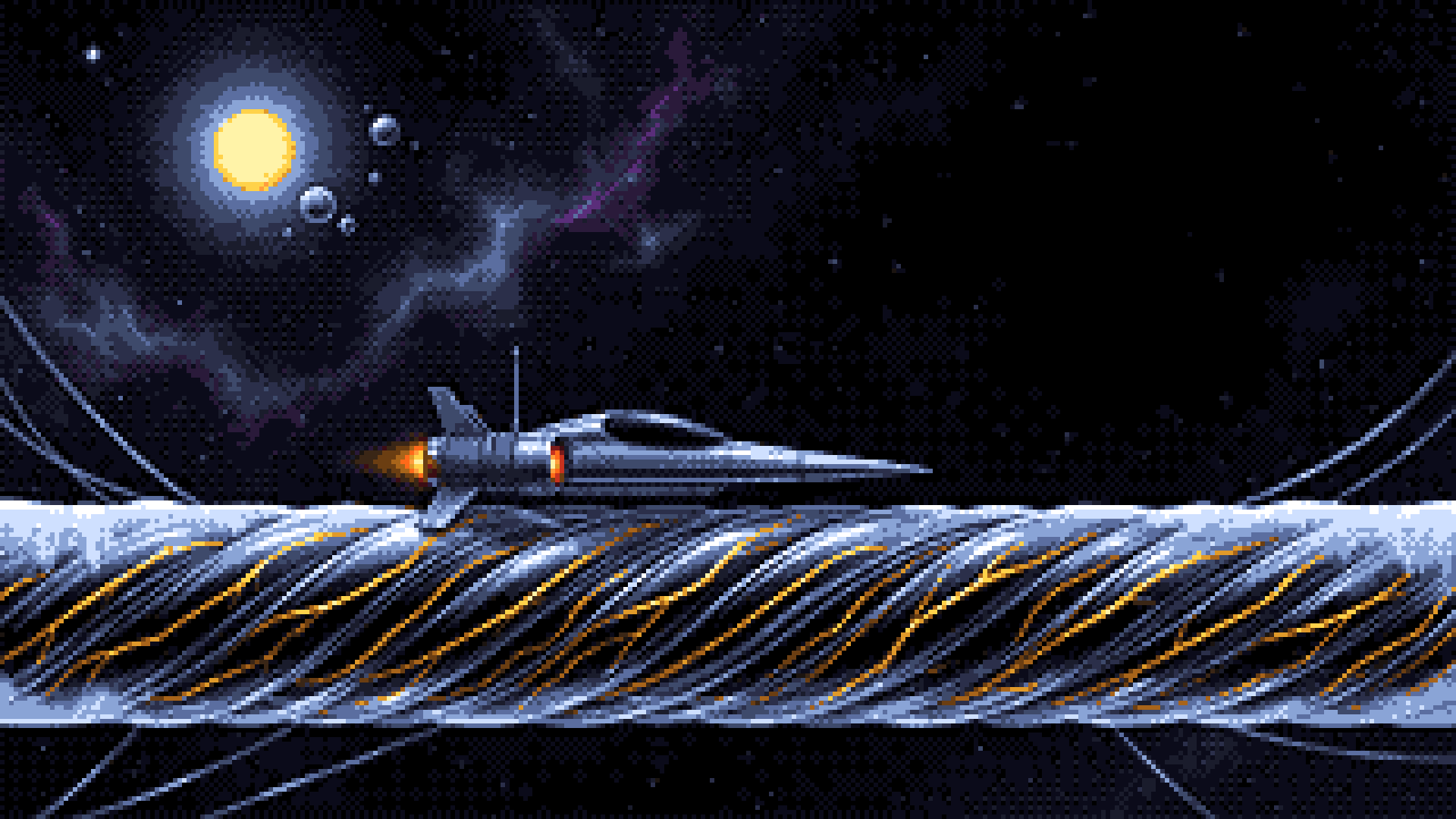 Key art: the Plumbline riding a frozen strand, Aurel going out behind it