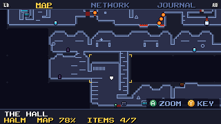 The map screen zoomed in on Halm: rooms, doors, beacons and finds drawn in thin blue lines, with MAP 78% and ITEMS 4/7 at the bottom.
