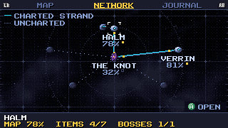 The network chart: Halm at 78 per cent, Verrin at 81 and the Knot at 32, joined by thin lines; the tabs read MAP, NETWORK, JOURNAL.