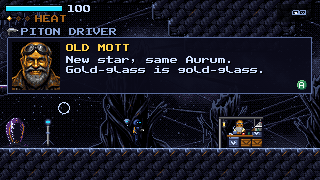 Old Mott's stall among the black strands of the Knot, with a survey beacon beside it; his talk box reads New star, same Aurum. Gold-glass is gold-glass.