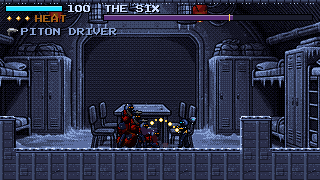 A boss bar named THE SIX across the top of a frozen mess hall; Hesper fires at four crew grown into one body.