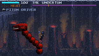 The Undertow, a red segmented eel, lunges past Hesper through a field of steaming vents; a boss bar reads THE UNDERTOW.